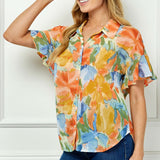 Ruffle Sleeve Button-Front Blouse in Sage/Coral/Yellow