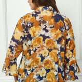 3/4 Ruffle Sleeve Swing Blouse in Navy/Gold - Plus