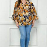3/4 Ruffle Sleeve Swing Blouse in Navy/Gold - Plus