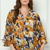 3/4 Ruffle Sleeve Swing Blouse in Navy/Gold - Plus