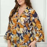 3/4 Ruffle Sleeve Swing Blouse in Navy/Gold - Plus