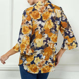 3/4 Ruffle Sleeve Swing Blouse in Navy/Gold