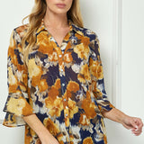 3/4 Ruffle Sleeve Swing Blouse in Navy/Gold