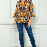 3/4 Ruffle Sleeve Swing Blouse in Navy/Gold