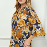 3/4 Ruffle Sleeve Swing Blouse in Navy/Gold