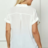 Cuff Sleeve Button-Front Print Blouse in Ivory/Brown/Green - Plus