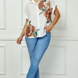 Cuff Sleeve Button-Front Print Blouse in Ivory/Brown/Green - Plus