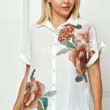 Cuff Sleeve Button-Front Print Blouse in Ivory/Brown/Green - Plus