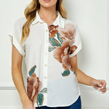 Cuff Sleeve Button-Front Print Blouse in Ivory/Brown/Green