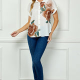 Cuff Sleeve Button-Front Print Blouse in Ivory/Brown/Green