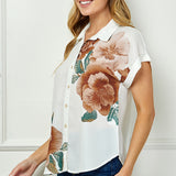 Cuff Sleeve Button-Front Print Blouse in Ivory/Brown/Green