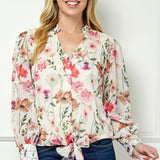 Long Cuff Sleeve V-Neck Button Front Tie Blouse in Beige