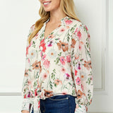 Long Cuff Sleeve V-Neck Button Front Tie Blouse in Beige