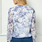 Long Cuff Sleeve V-Neck Button Front Tie Blouse in Blue