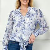 Long Cuff Sleeve V-Neck Button Front Tie Blouse in Blue