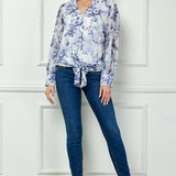 Long Cuff Sleeve V-Neck Button Front Tie Blouse in Blue