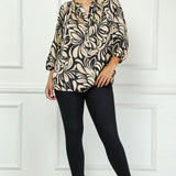 3/4 Elastic Cuff Sleeve Mandarin Collar Popover Blouse in Tan - Plus