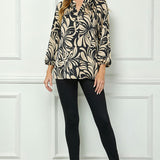 3/4 Elastic Cuff Sleeve Mandarin Collar Popover Blouse in Tan