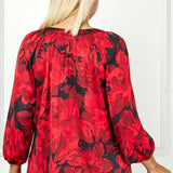 3/4 Elastic Cuff Sleeve Mandarin Collar Popover Blouse in Red -Plus