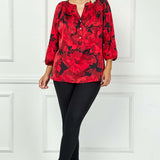 3/4 Elastic Cuff Sleeve Mandarin Collar Popover Blouse in Red -Plus