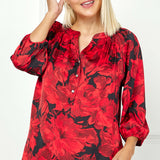 3/4 Elastic Cuff Sleeve Mandarin Collar Popover Blouse in Red -Plus