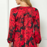 3/4 Elastic Cuff Sleeve Mandarin Collar Popover Blouse in Red