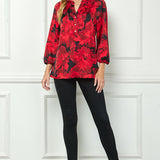 3/4 Elastic Cuff Sleeve Mandarin Collar Popover Blouse in Red