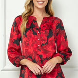 3/4 Elastic Cuff Sleeve Mandarin Collar Popover Blouse in Red