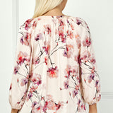 3/4 Elastic Cuff Sleeve Mandarin Collar Popover Blouse in Pink - Plus