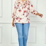 3/4 Elastic Cuff Sleeve Mandarin Collar Popover Blouse in Pink - Plus