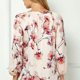 3/4 Elastic Cuff Sleeve Mandarin Collar Popover Blouse in Pink