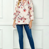 3/4 Elastic Cuff Sleeve Mandarin Collar Popover Blouse in Pink