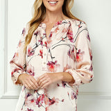 3/4 Elastic Cuff Sleeve Mandarin Collar Popover Blouse in Pink