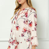 3/4 Elastic Cuff Sleeve Mandarin Collar Popover Blouse in Pink