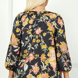 3/4 Elastic Cuff Sleeve Smock Detail Mandarin Collar Popover Blouse in Black - Plus