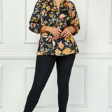 3/4 Elastic Cuff Sleeve Smock Detail Mandarin Collar Popover Blouse in Black - Plus