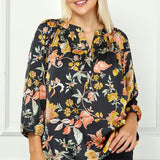 3/4 Elastic Cuff Sleeve Smock Detail Mandarin Collar Popover Blouse in Black - Plus