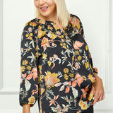 3/4 Elastic Cuff Sleeve Smock Detail Mandarin Collar Popover Blouse in Black - Plus