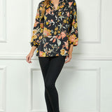 3/4 Elastic Cuff Sleeve Smock Detail Mandarin Collar Popover Blouse in Black