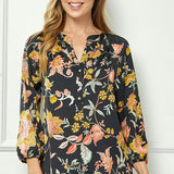 3/4 Elastic Cuff Sleeve Smock Detail Mandarin Collar Popover Blouse in Black