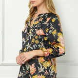 3/4 Elastic Cuff Sleeve Smock Detail Mandarin Collar Popover Blouse in Black