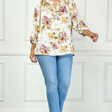 3/4 Elastic Cuff Sleeve Mandarin Collar Popover Blouse in Cream - Plus