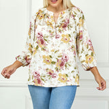 3/4 Elastic Cuff Sleeve Mandarin Collar Popover Blouse in Cream - Plus