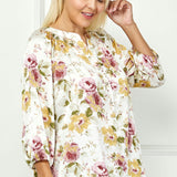 3/4 Elastic Cuff Sleeve Mandarin Collar Popover Blouse in Cream - Plus