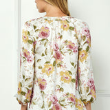 3/4 Elastic Cuff Sleeve Mandarin Collar Popover Blouse in Cream