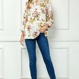 3/4 Elastic Cuff Sleeve Mandarin Collar Popover Blouse in Cream