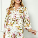 3/4 Elastic Cuff Sleeve Mandarin Collar Popover Blouse in Cream