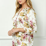 3/4 Elastic Cuff Sleeve Mandarin Collar Popover Blouse in Cream