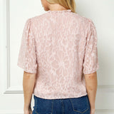 Short Sleeve V-Ruffle Neck Tie Front Blouse in Blush