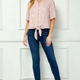 Short Sleeve V-Ruffle Neck Tie Front Blouse in Blush